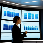 A professional energy engineer, either male or female, in a sleek, modern control room. They are wearing a modest business suit and are intently viewing a large, interactive display that visualizes a smart energy grid. The display shows interconnected renewable energy sources like offshore wind farms and vast solar arrays, seamlessly linked to large-scale battery energy storage systems (BESS). The ambiance is futuristic, clean, and well-lit, with subtle digital interfaces. The image conveys innovation and strategic oversight in energy management. safe for work, appropriate content, fully clothed, professional, perfect anatomy, correct proportions, natural pose, well-formed hands, proper finger count, natural body proportions.