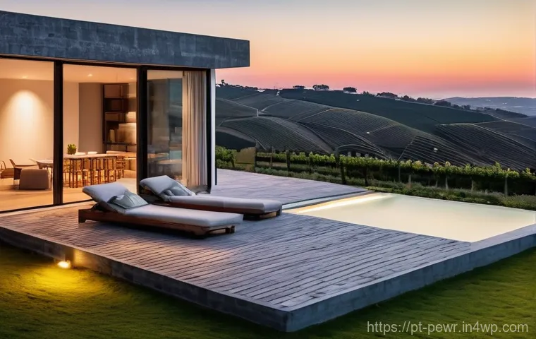 에너지저장장치의 장점과 단점 - **Prompt:** A serene, modern Portuguese villa or farmhouse at dusk, bathed in the soft glow of inter...