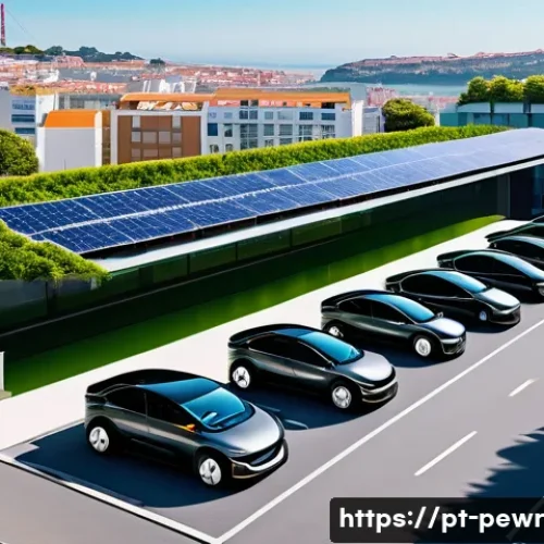 Home 28 ESS와 자율주행차의 융합 가능성 - A futuristic urban scene in Lisbon featuring autonomous electric vehicle fleets charging at smart en...