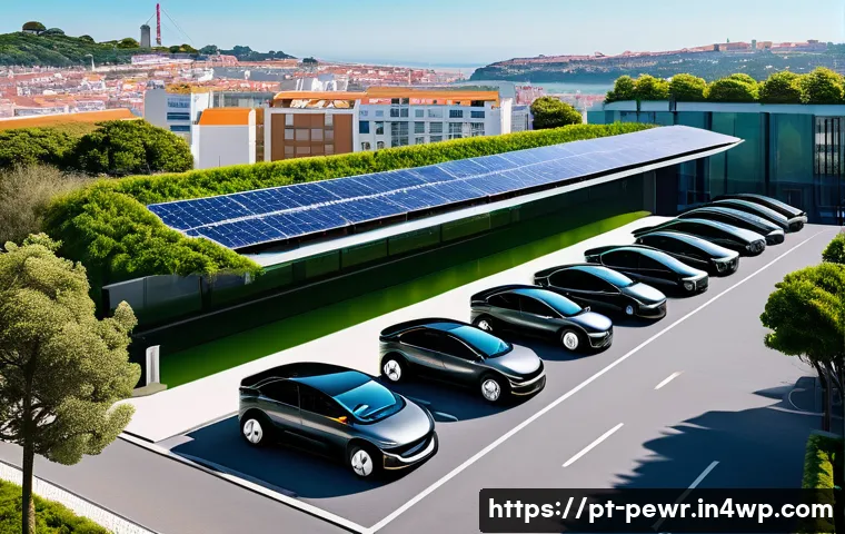 ESS와 자율주행차의 융합 가능성 - A futuristic urban scene in Lisbon featuring autonomous electric vehicle fleets charging at smart en...