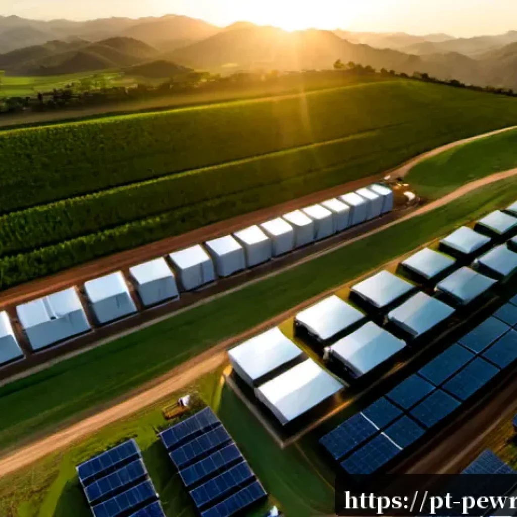 ESS와 전력 거래 시스템 - Photorealistic aerial view of a modern battery energy storage system beside a solar farm in rural Br...