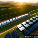 Home 23 ESS와 전력 거래 시스템 - Photorealistic aerial view of a modern battery energy storage system beside a solar farm in rural Br...