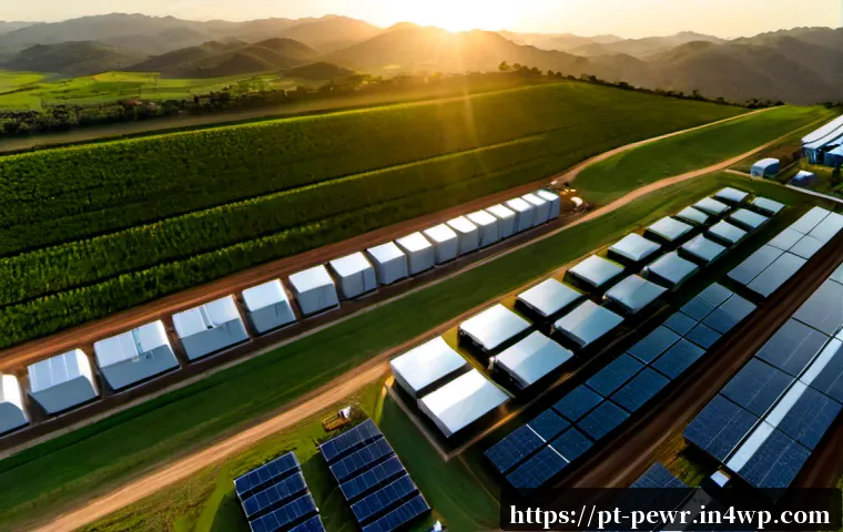 ESS와 전력 거래 시스템 - Photorealistic aerial view of a modern battery energy storage system beside a solar farm in rural Br...