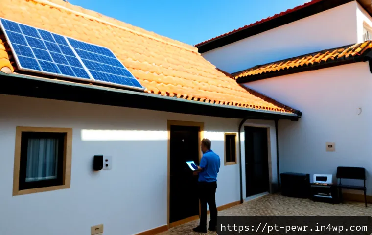 Home 17 ESS와 태양광 발전 연계 활용법 - Photorealistic wide-angle view of a modern Portuguese home with terracotta roof solar panels connect...